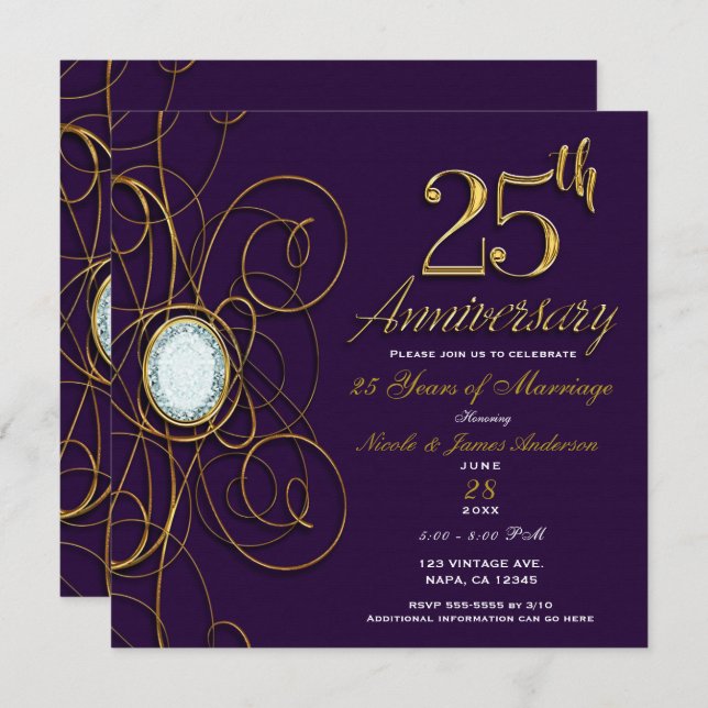 Invitación Royal Plum Purple Gold Diamond 25 25º aniversario (Anverso / Reverso)