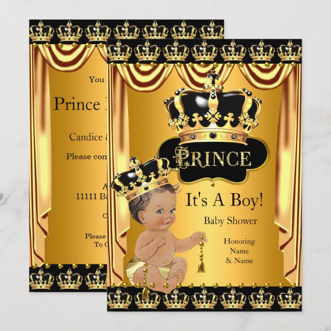 Invitación Royal Prince Baby Shower Black Gold Brunette (Anverso / Reverso)