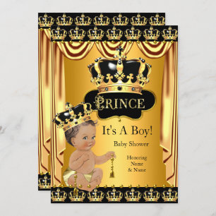 Invitación Royal Prince Baby Shower Black Gold Brunette