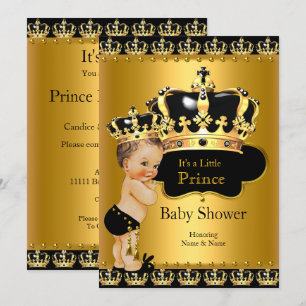 Invitación Royal Prince Baby Shower Black Gold Brunette