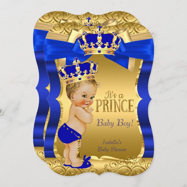 Invitación Royal Prince Baby Shower Blue Gold Blonde (Anverso / Reverso)