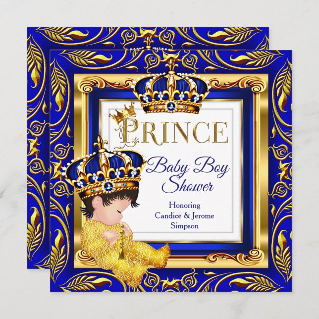 Invitación Royal Prince Baby Shower Blue Gold Brunette (Anverso / Reverso)