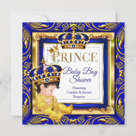 Invitación Royal Prince Baby Shower Blue Gold Brunette