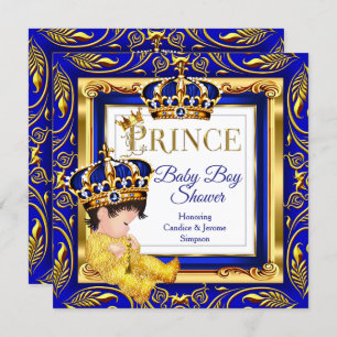 Invitación Royal Prince Baby Shower Blue Gold Brunette