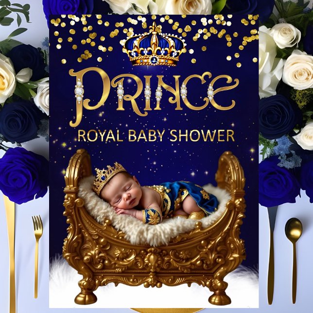 Invitación Royal Prince Baby Shower Blue Gold Crib Glitter (Subido por el creador)