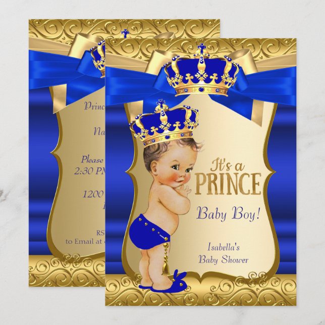 Invitación Royal Prince Baby Shower Blue Gold Damask Brunette (Anverso / Reverso)