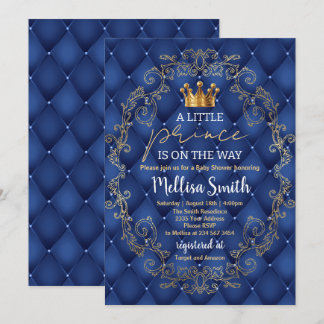 Invitación Royal Prince Baby Shower Blue Gold Rattle Ethnic