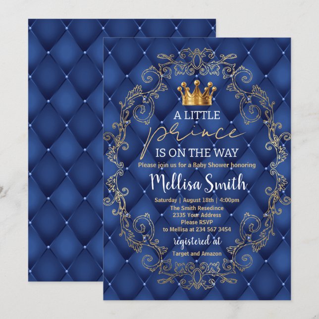 Invitación Royal Prince Baby Shower Blue Gold Rattle Ethnic (Anverso / Reverso)