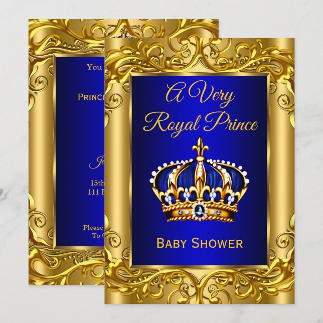 Invitación Royal Prince Baby Shower oro azul real (Anverso / Reverso)