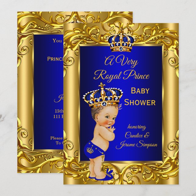 Invitación Royal Prince Baby Shower Royal blue gold brunette (Anverso / Reverso)