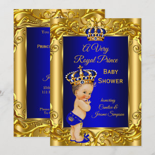 Invitación Royal Prince Baby Shower Royal blue gold brunette