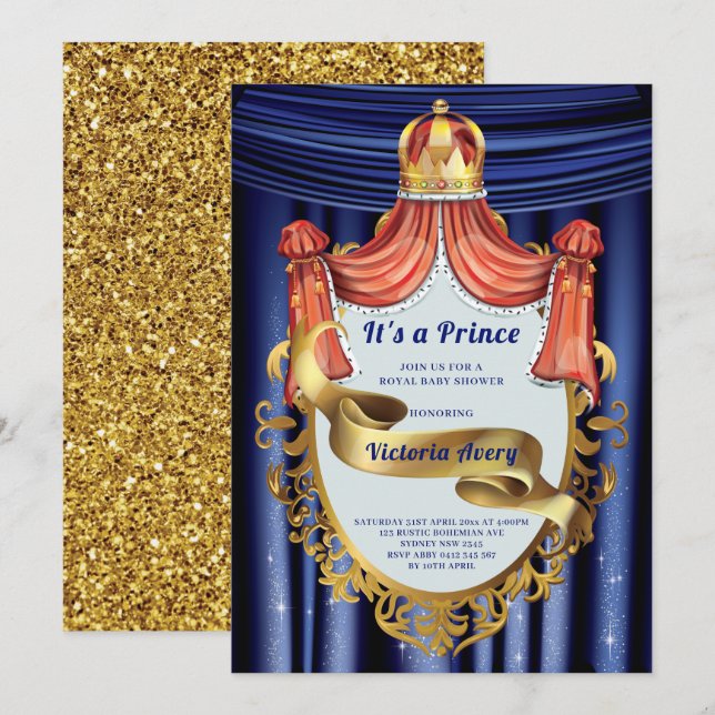 Invitación Royal Prince Blue Gold Baby Shower (Anverso / Reverso)