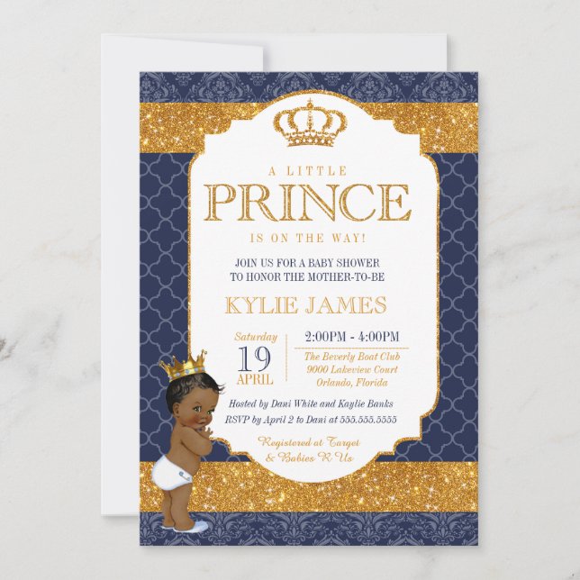 Invitación Royal Prince Navy Blue Gold Baby Shower 2 (Anverso)