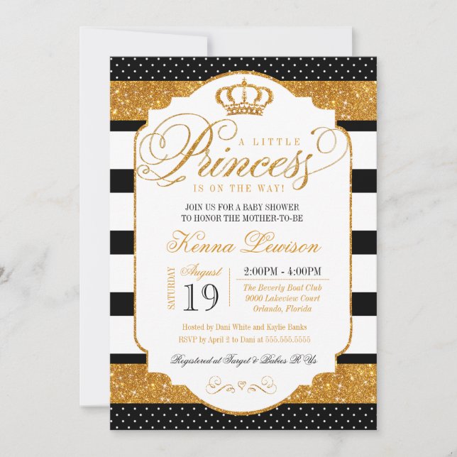 Invitación Royal Princess Black Stripe Gold Baby Shower (Anverso)