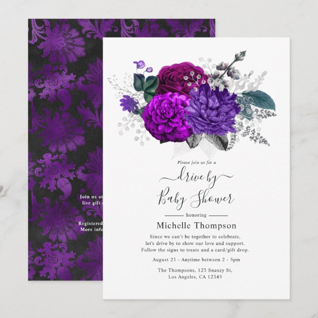 Invitación Royal Purple and Silver Floral Drive By Shower (Anverso / Reverso)