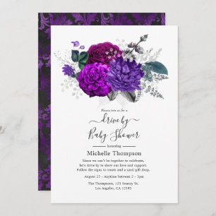 Invitación Royal Purple and Silver Floral Drive By Shower