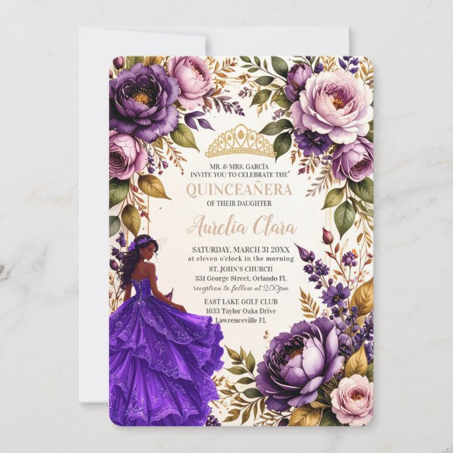 Invitación Royal Purple Blush Floral Princess Quinceanera 16 (Anverso)
