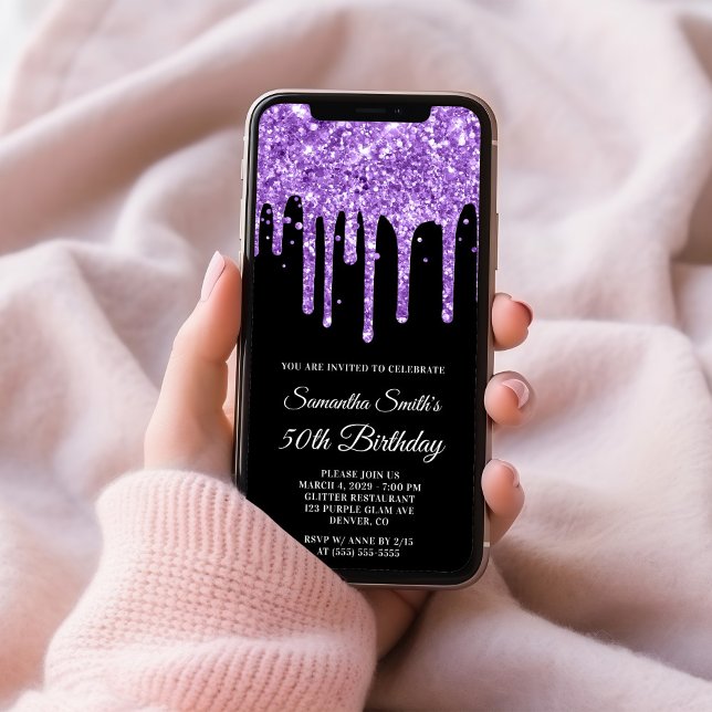 Invitación Royal Purple Dripping Purpurina Black 50 cumpleaño (Royal Purple Dripping Glitter Black 50th Birthday Invitation)