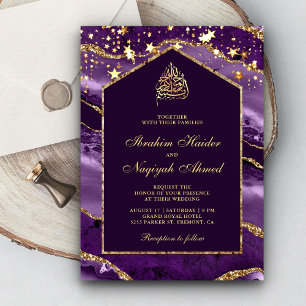 Invitación Royal Purple Gold Agate Marble Arch Boda Musulmana