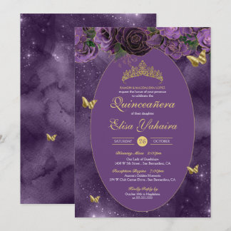 Invitación Royal Purple Gold Butterfly Quinceanera