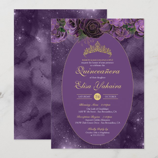 Invitación Royal Purple Gold Butterfly Quinceanera (Anverso / Reverso)
