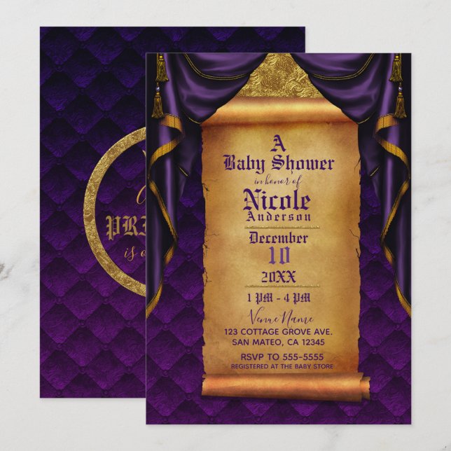 Invitación Royal Purple & Gold Drapes Scroll Baby Shower (Anverso / Reverso)