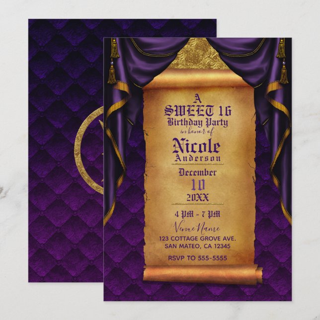 Invitación Royal Purple & Gold Drapes Scroll Birthday Party (Anverso / Reverso)