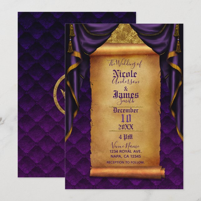 Invitación Royal Purple & Gold Drapes Scroll Boda (Anverso / Reverso)