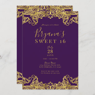 Invitación Royal Purple & Gold Lace Elegant Sweet 16 Fiesta