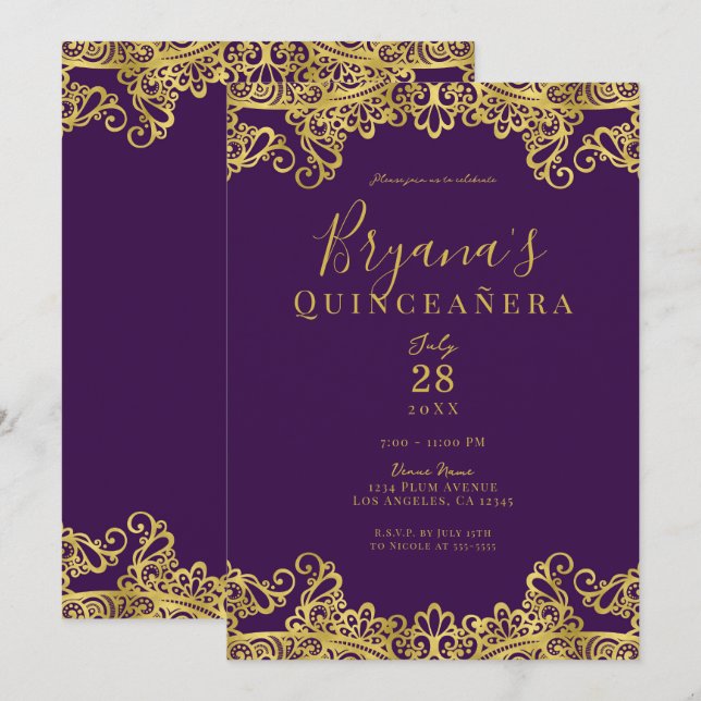 Invitación Royal Purple Gold Lace Elegante Fiesta de Quinceañ (Anverso / Reverso)