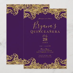 Invitación Royal Purple Gold Lace Elegante Fiesta de Quinceañ