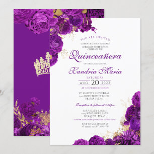 Invitación Royal Purple Gold Rosa Floral Elegante Quinceanera