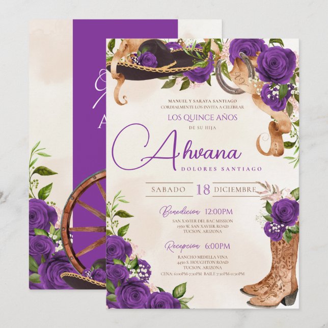 Invitación Royal Purple Quinceanera Rosa Charro Western (Anverso / Reverso)