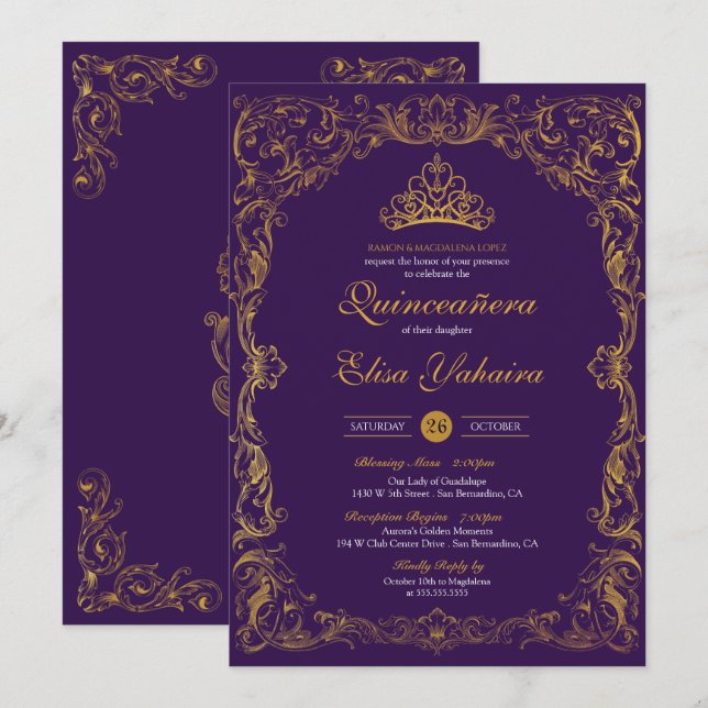 Invitación Royal Purple Regal Gold Tiara Princess Quinceanera (Anverso / Reverso)