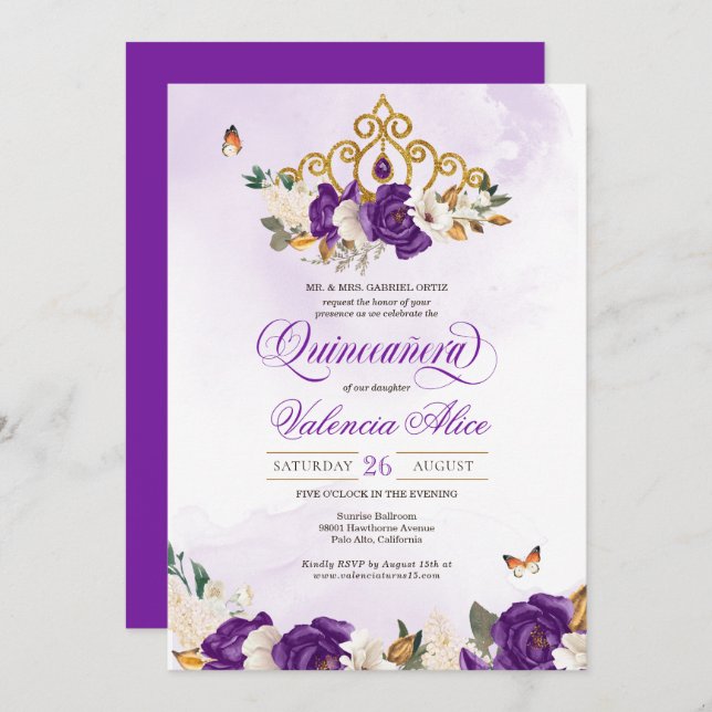 Invitación Royal Purple Rosa Butterfly Gold Tiara Quince (Anverso / Reverso)