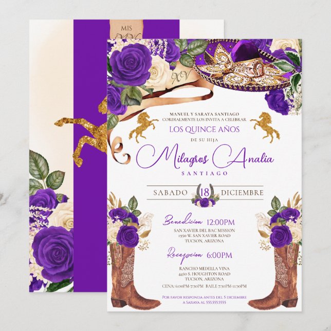 Invitación Royal Purple Rosa Fancy Western Charro (Anverso / Reverso)