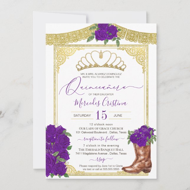 Invitación Royal Purple Rosas Gold Floral Charro Quinceanera (Anverso)