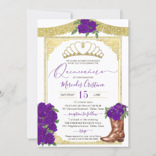 Invitación Royal Purple Rosas Gold Floral Charro Quinceanera