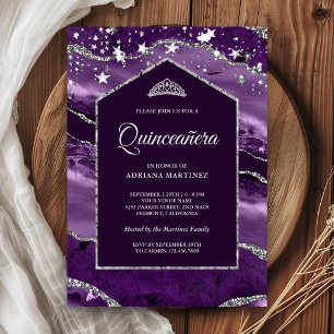 Invitación Royal Purple Silver Agate Marble Arch Quinceañera