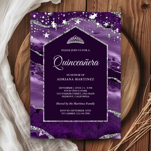 Invitación Royal Purple Silver Agate Marble Arch Quinceañera (Subido por el creador)