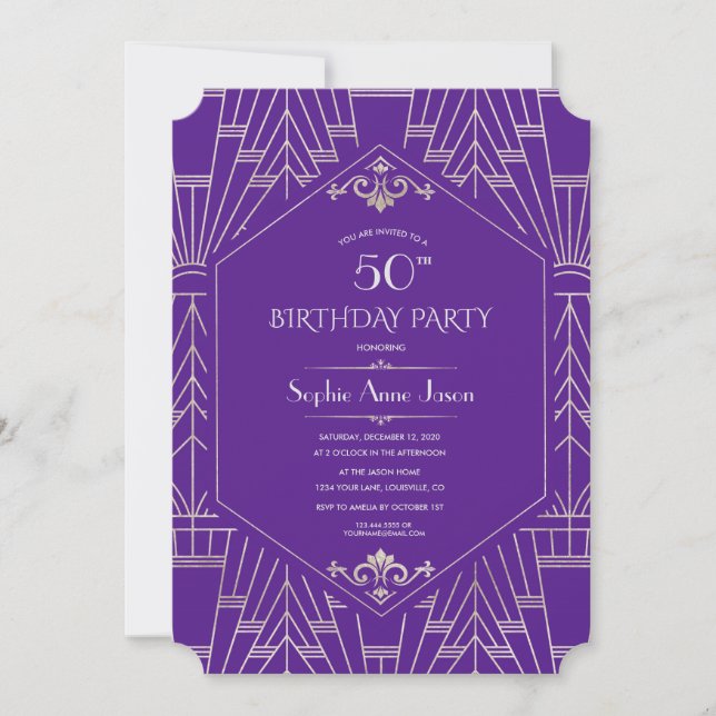 Invitación Royal Purple Silver Gran Gatsby Cumpleaños (Anverso)