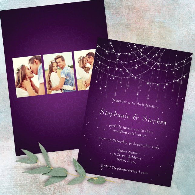 Invitación Royal Purple String Luces 3 Fotos Boda (front and back view)