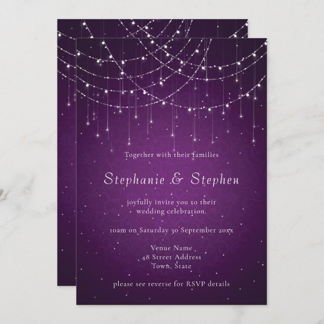 Invitación Royal Purple Swirl & String Lights QR Code Boda (Anverso / Reverso)