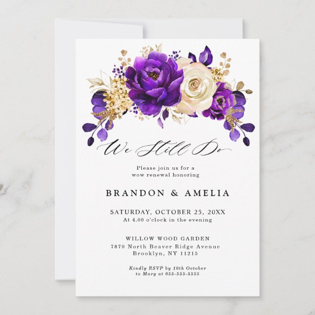 Invitación Royal Purple Violet Gold Botanic (Anverso)