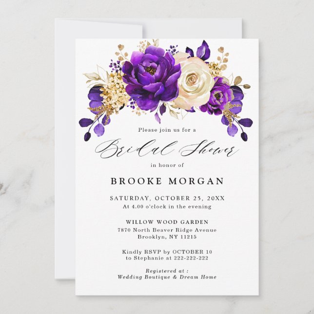 Invitación Royal Purple Violet Gold Floral Bridal Shower (Anverso)