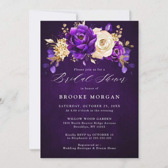 Invitación Royal Purple Violet Gold Floral Bridal Shower Inv (Anverso)