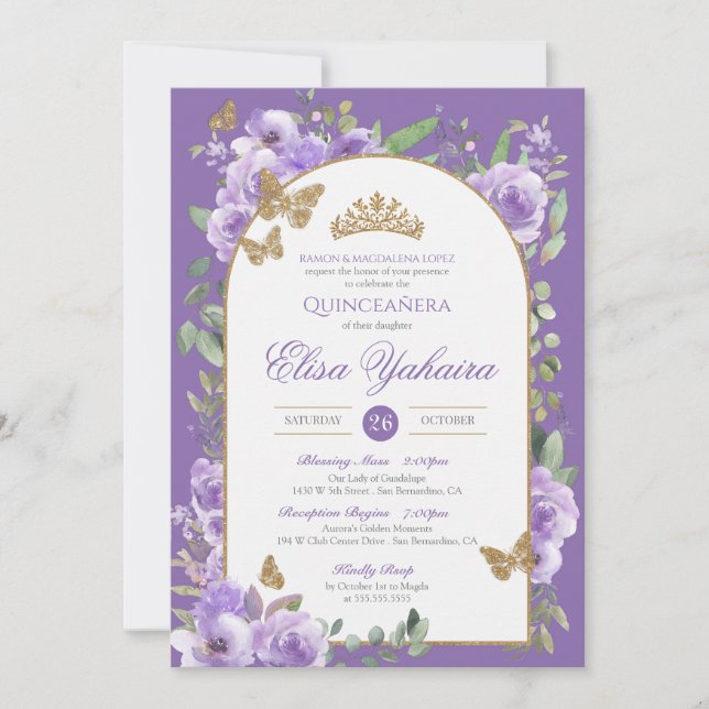 Invitación Royal Purple Watercolor Golden Butfly Quince (Anverso)