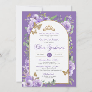 Invitación Royal Purple Watercolor Golden Butfly Quince