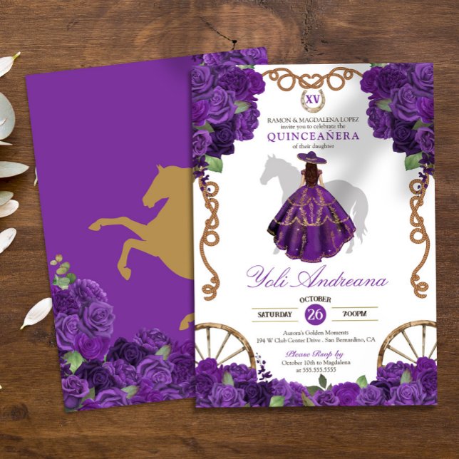 Invitación Royal Purple Western Charro Floral Quinceanera (Subido por el creador)
