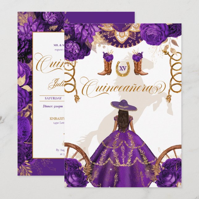 Invitación Royal Purple Western Charro Quinceanera De Dos Lad (Anverso / Reverso)